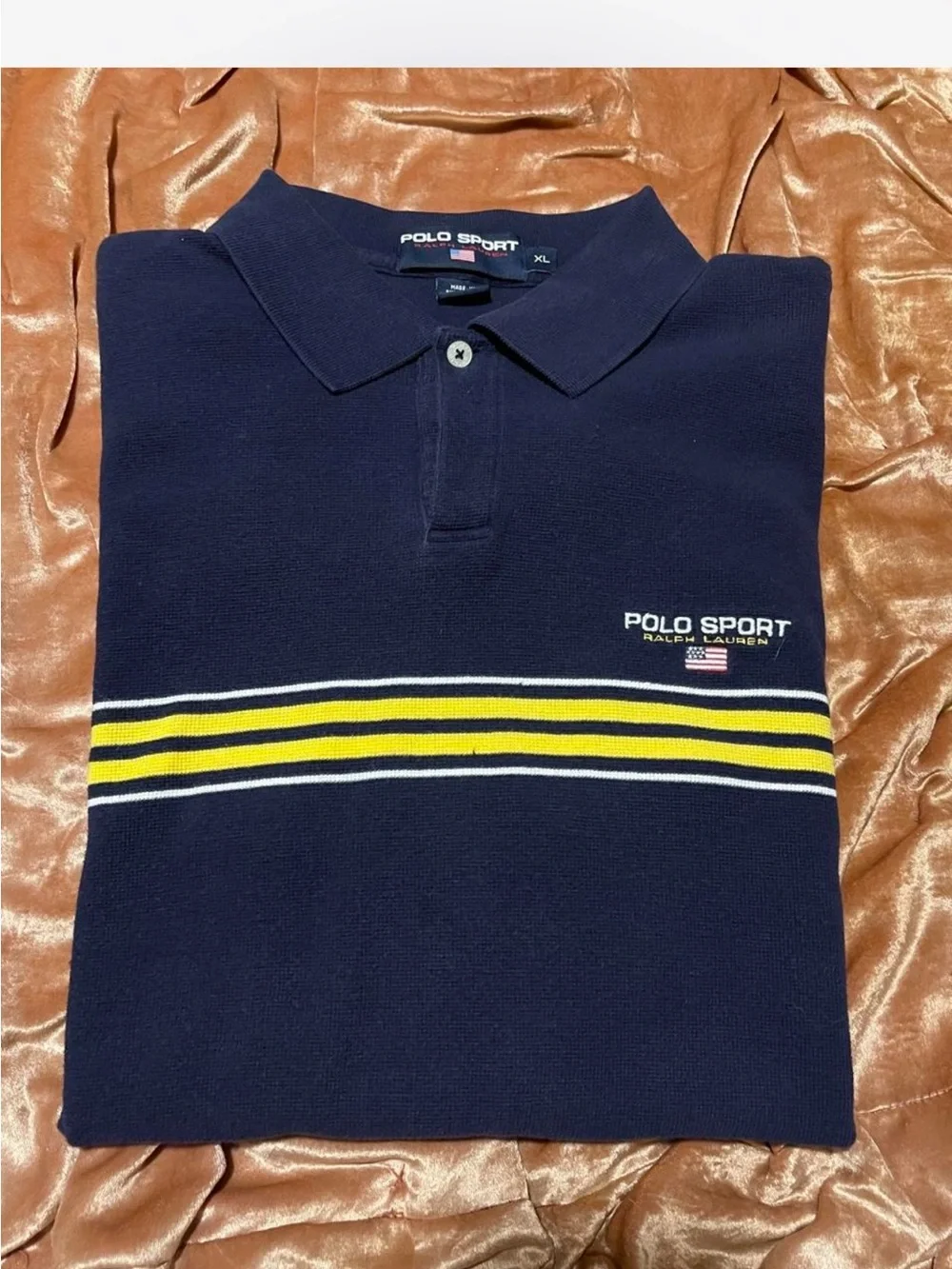 Vintage 90s Polo Sport Ralph Lauren Striped Polo Shirt Navy Blue Yellow XL